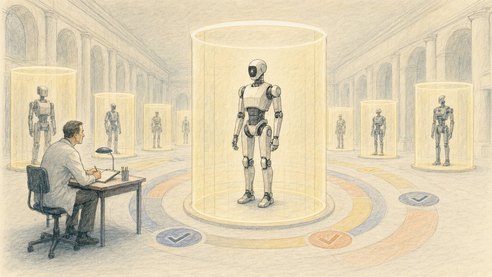 A humanoid robot and a human worker sharing a factory aisle, with safety sensor overlays visualized around them