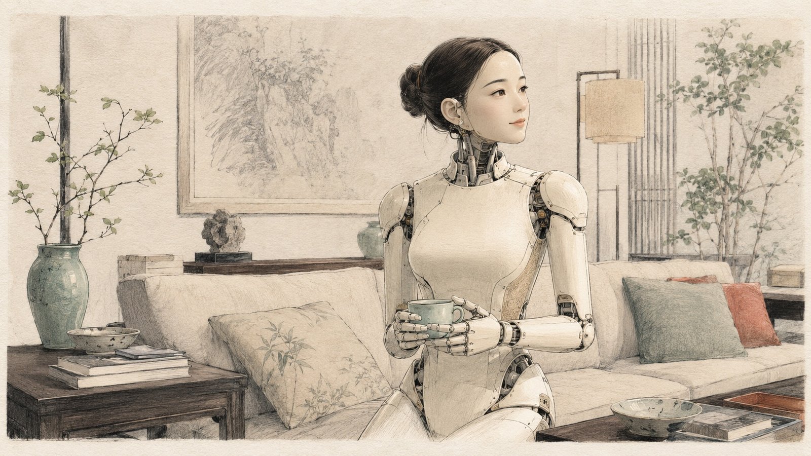 The UBTech UWORLD U1 humanoid with hyper-realistic silicone features standing in a warmly lit modern living room